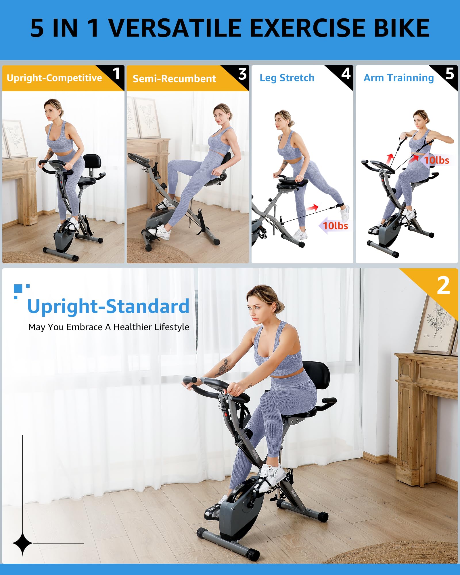 Foldable Exercise Bike Stationary Bikes for Home, 5 IN 1 Indoor Workout Bike for Seniors, with 16-Level Quiet Magnetic Resistanc