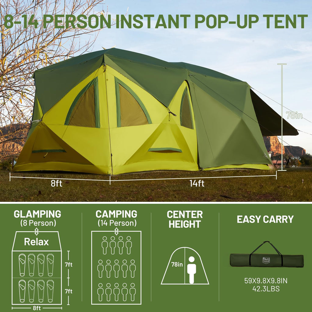 Timber Ridge 8 Person Instant Pop Up Cabin Tent, Easy 90 Second Setup, Weather Resistant Camping Family Hub Tent With Rain Fly A