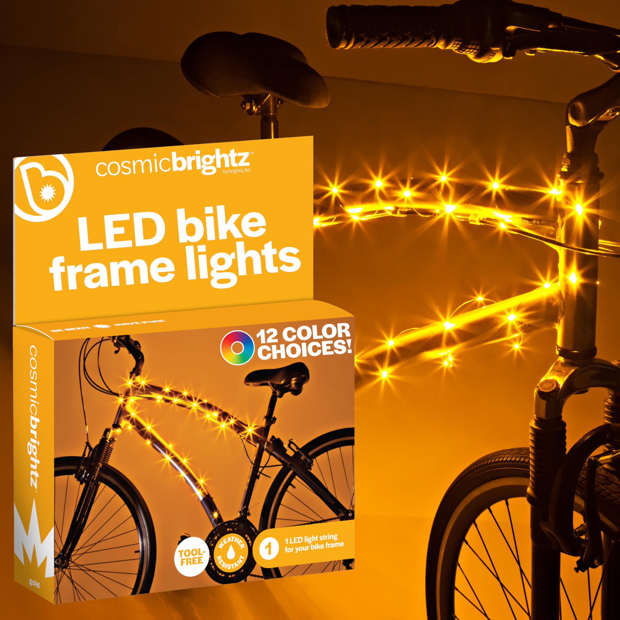 Brightz CosmicBrightz LED Bike Frame Rope Light, Gold - 6.5-Foot String Rope - Battery-Powered with On/Off Switch - Ultra Bright