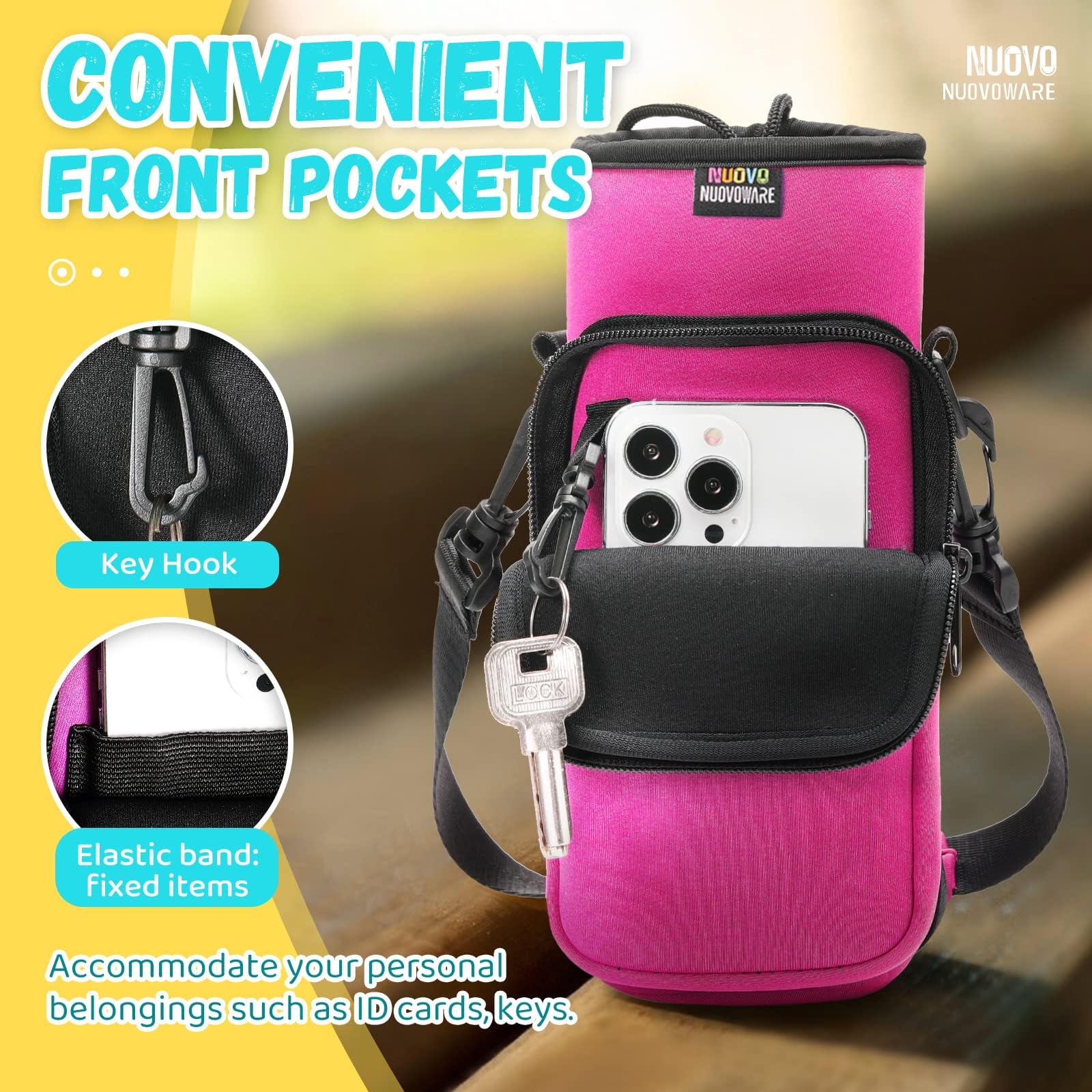 Nuovoware Water Bottle Carrier Bag, 25oz/32oz Pouch Holder, Adjustable Shoulder Hand Strap 2 Pocket Sling Neoprene Sleeve Sports