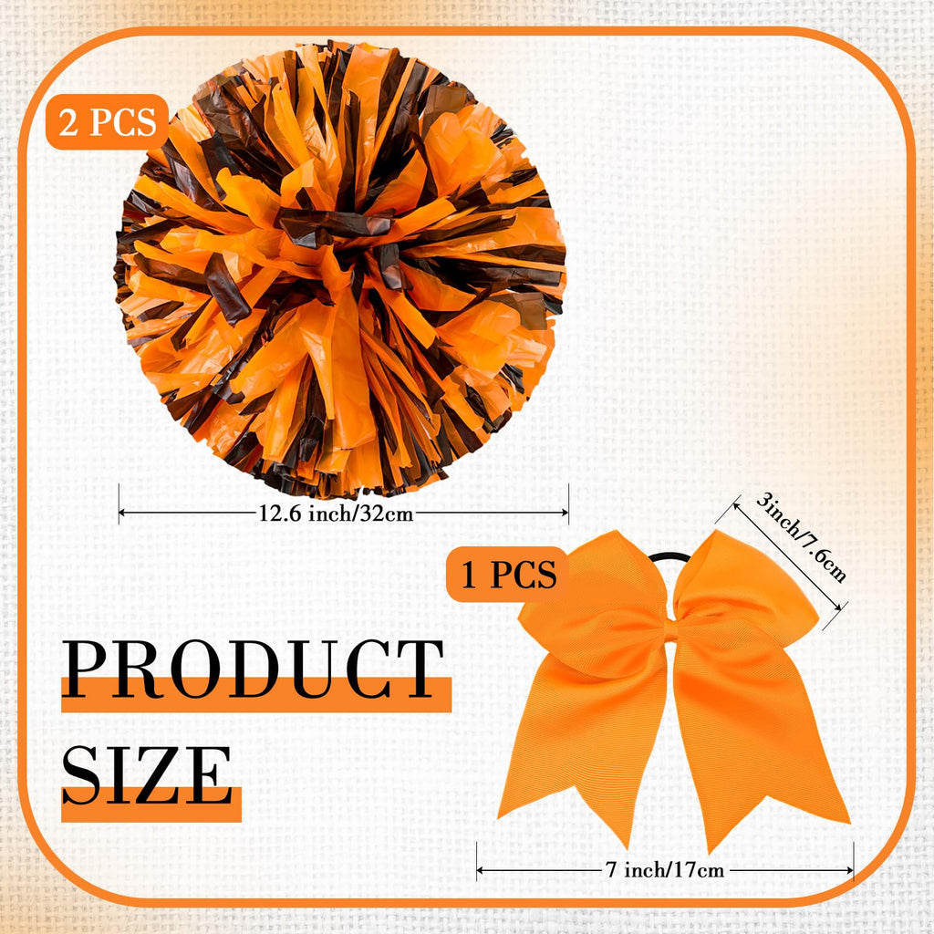 Hanaive 3 Pcs Cheerleading Pom Poms And Large Cheerleader Hair Bow For Girl Metallic Cheer Pom Poms For Teen Dance (Orange And B