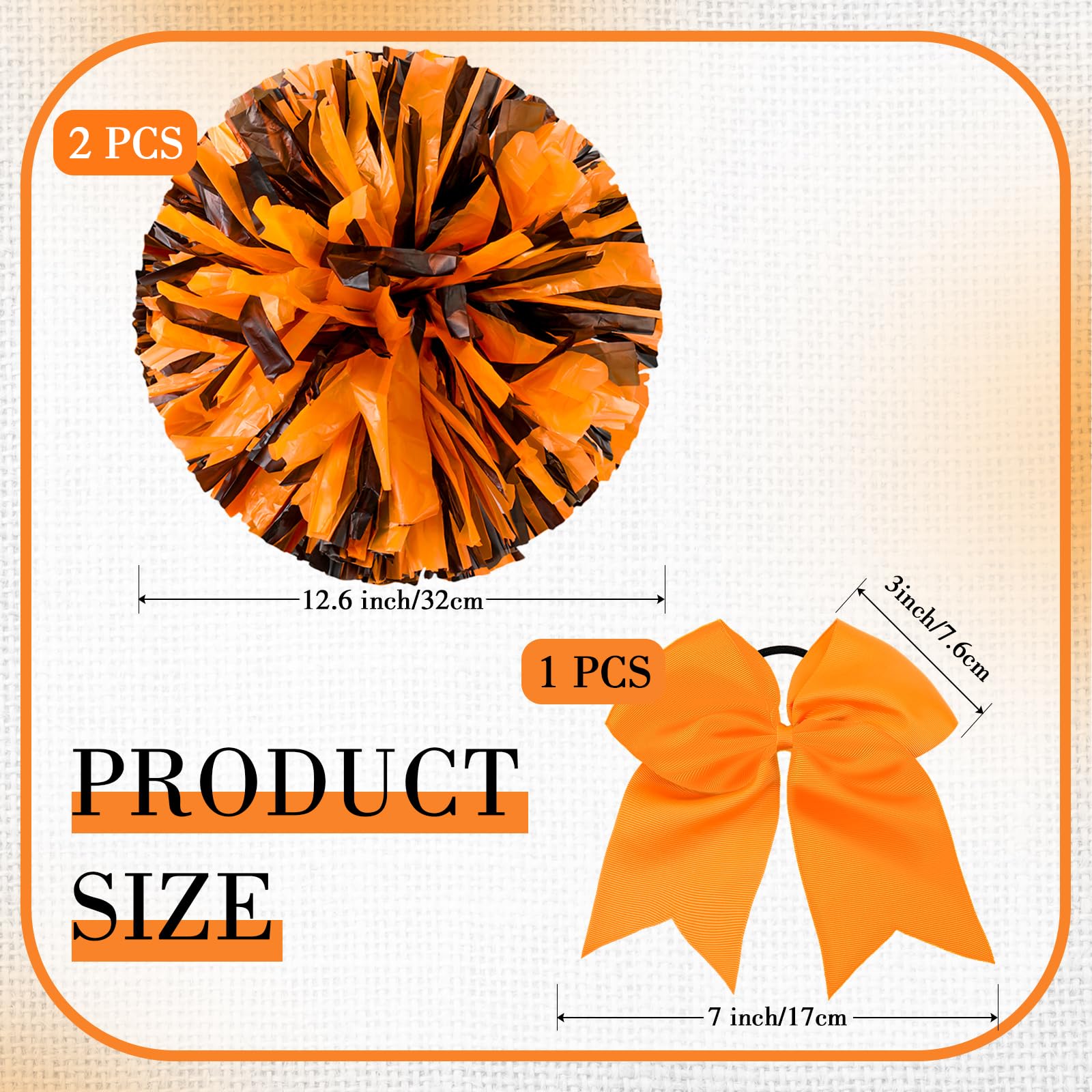 Hanaive 3 Pcs Cheerleading Pom Poms And Large Cheerleader Hair Bow For Girl Metallic Cheer Pom Poms For Teen Dance (Orange And B