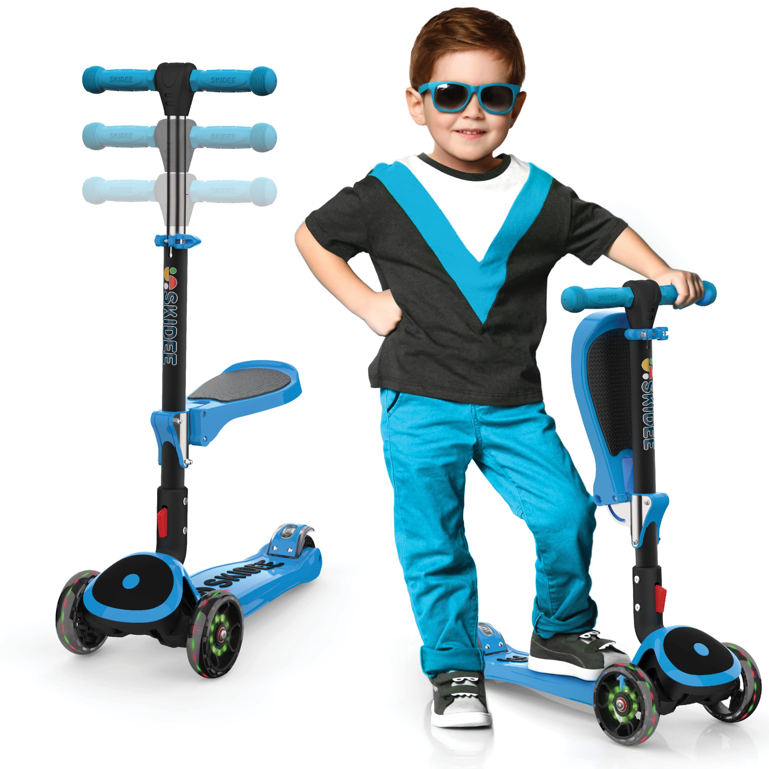 SKIDEE Kick Scooter for Kids Ages 3-5 | Foldable 3 Wheel Scooter with Lean-to-Steer, Adjustable Height, Removable Seat & LED Lig