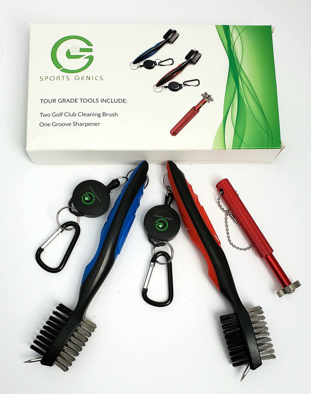 Sportsgenics Golf Brush (Pack Of 2) With A Golf Club Groove Sharpener - Double Sided Golf Club Cleaner - 6 Head Golf Groove Shar