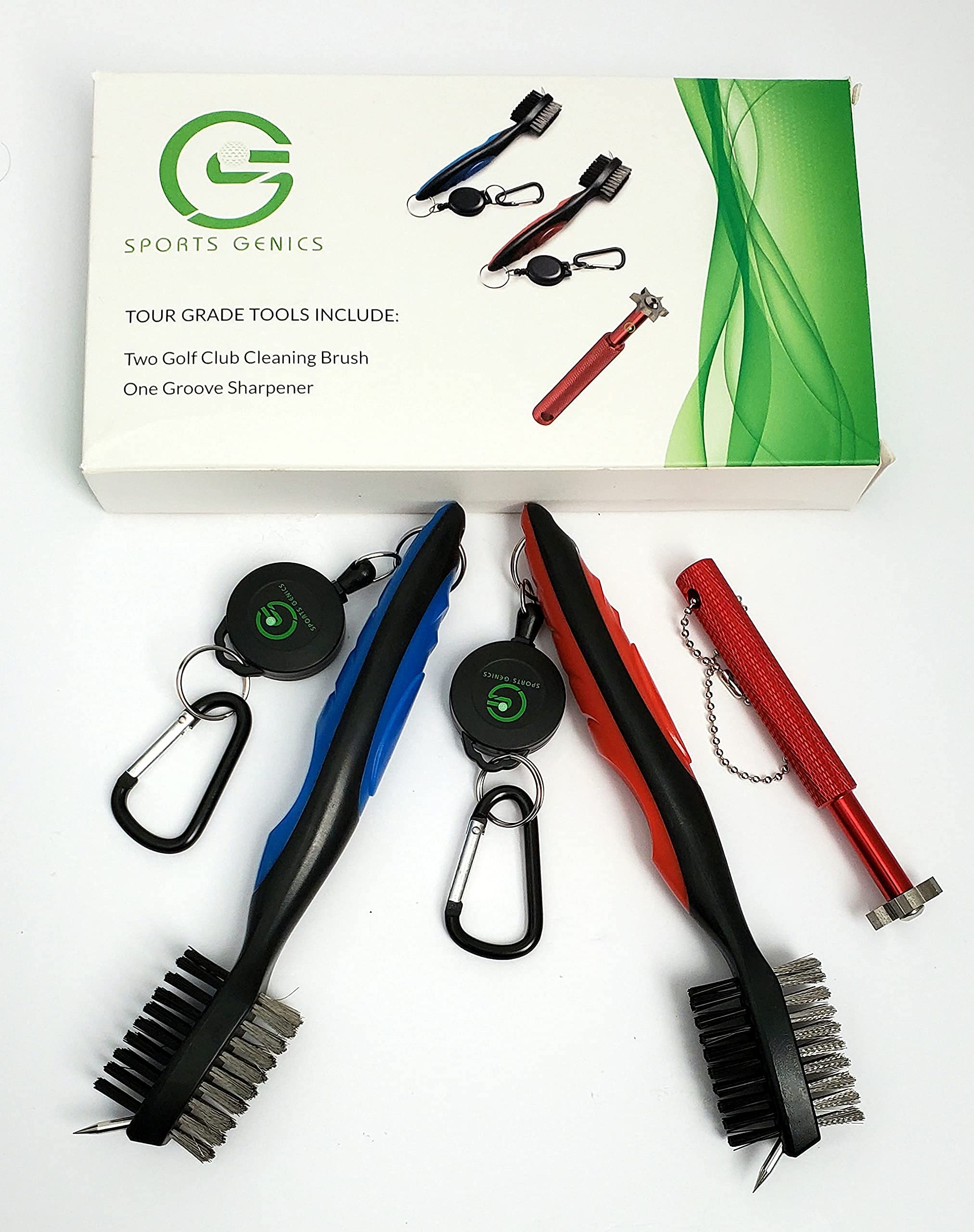 Sportsgenics Golf Brush (Pack Of 2) With A Golf Club Groove Sharpener - Double Sided Golf Club Cleaner - 6 Head Golf Groove Shar