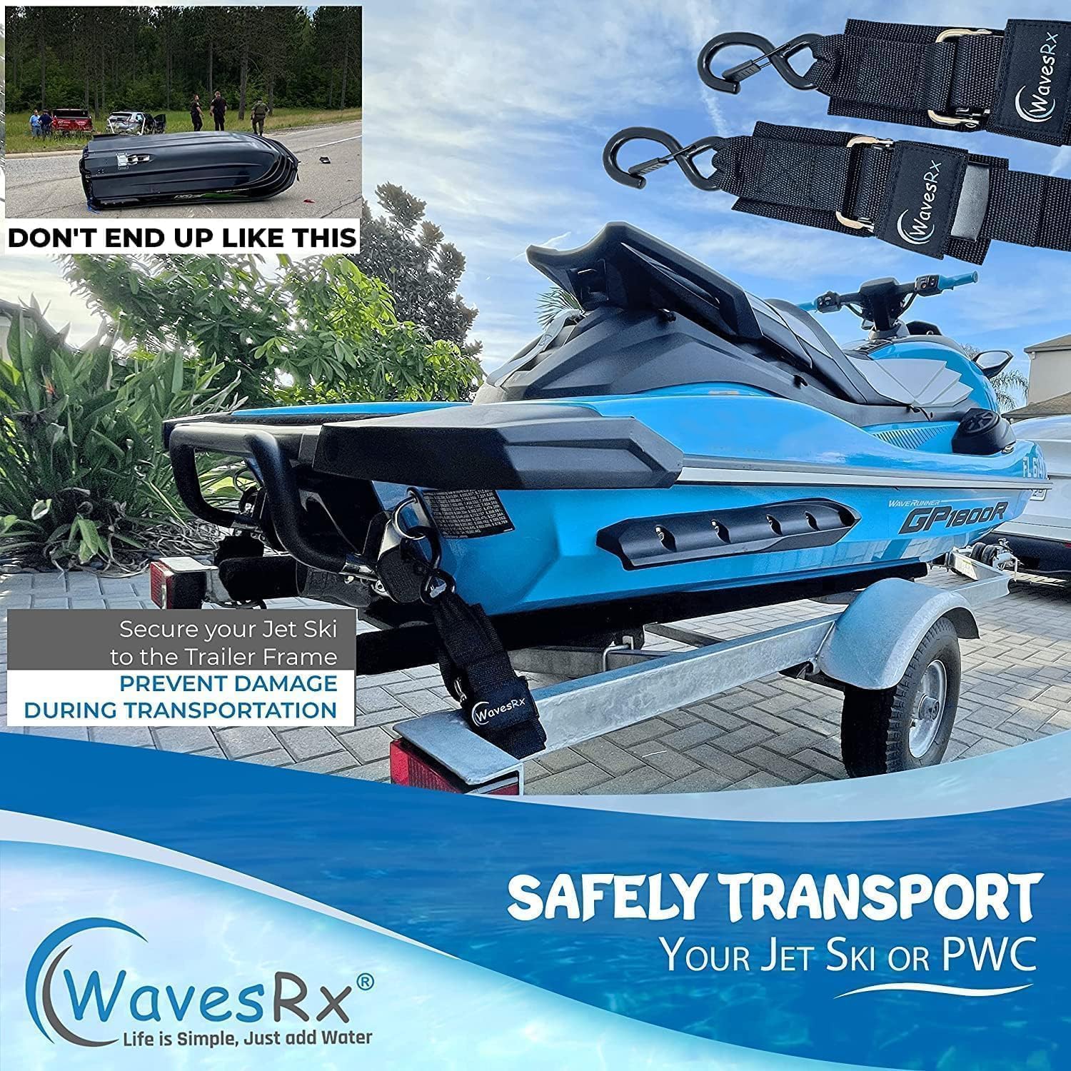Wavesrx Jet Ski & Pwc Trailer Transom Straps (2Pk)  24'' Marine Tie Downs Adjustable Safety Straps  Outperforms Ratcheting And R