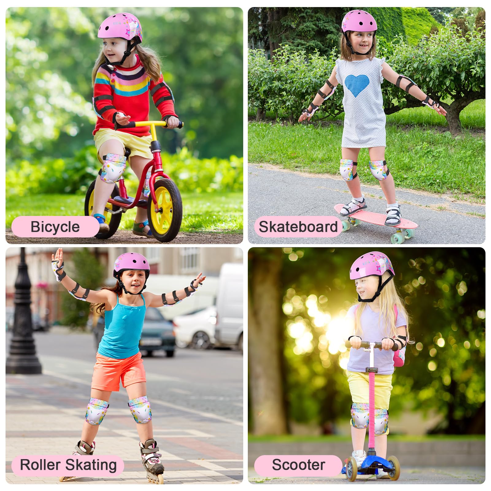FIODAY Kids Bike Helmet, Toddler Helmet Knee and Elbow Pads Wrist Guards Adjustable Protective Gear Set with DIY Sticker for Gir