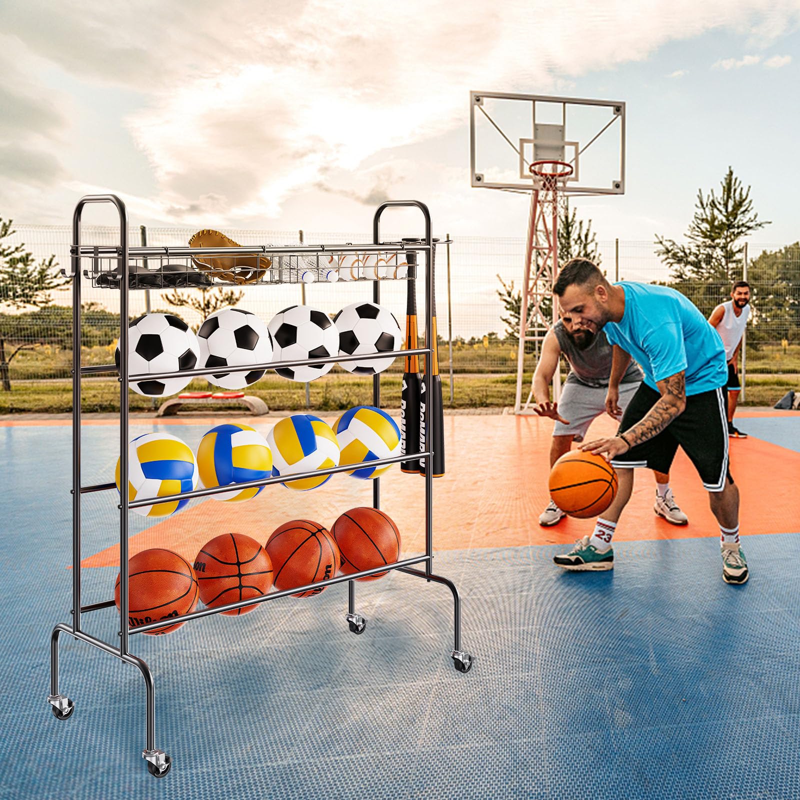 Vevor Basketball Rack, 4-Layers Rolling Basketball Shooting Training Stand, Sports Equipment Storage Organizer With Wheels, Hook