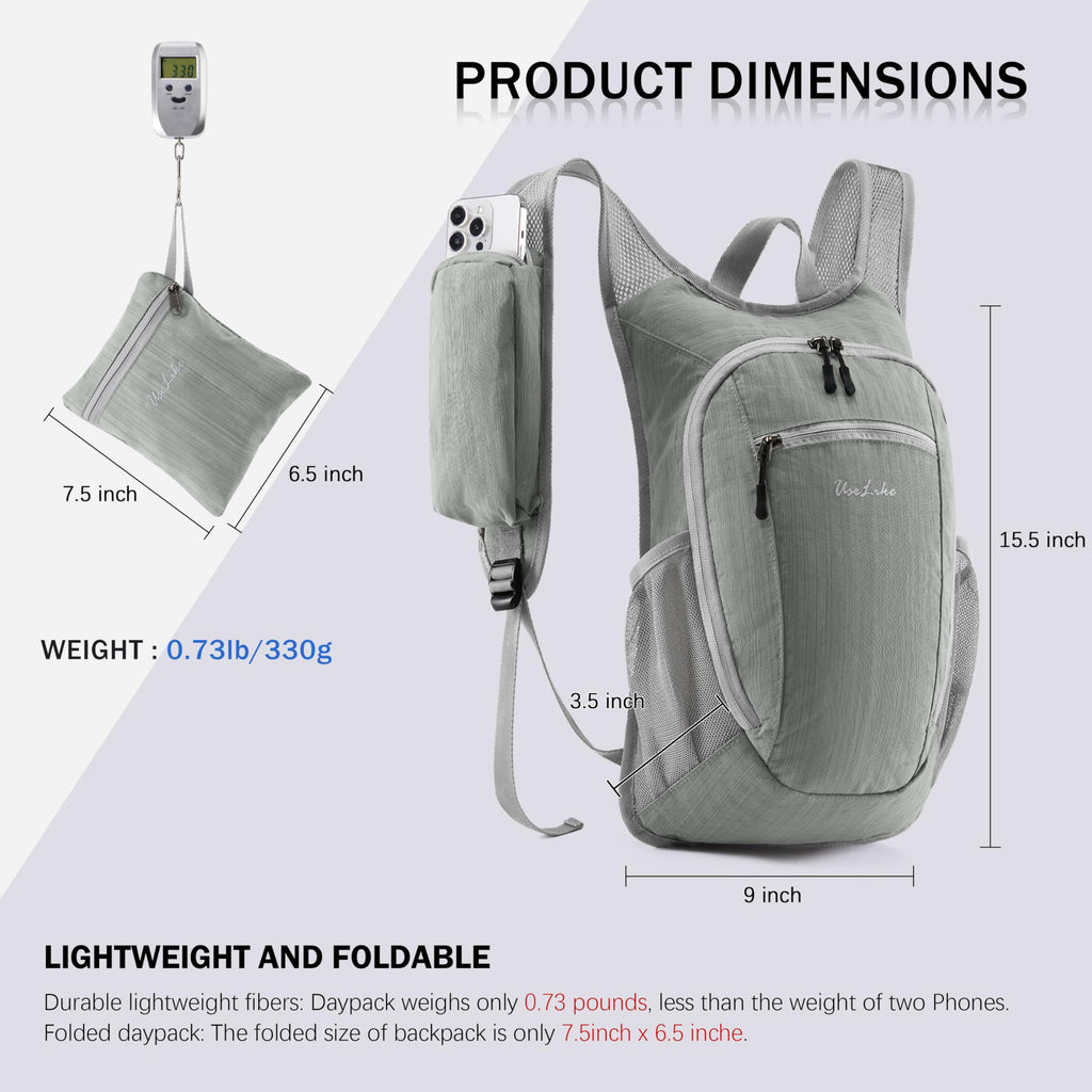 Uselike 10L Small Hiking Backpack Travel Daypack Lightweight Packable Back Pack for Women Men(Light Grey)
