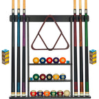 Pool Cue Rack - Pool Stick Holder Wall Mount With 16 Ball Holders & 6 Pack Of Chalk - Rubber Circle Pads & Large Clips Prevent D