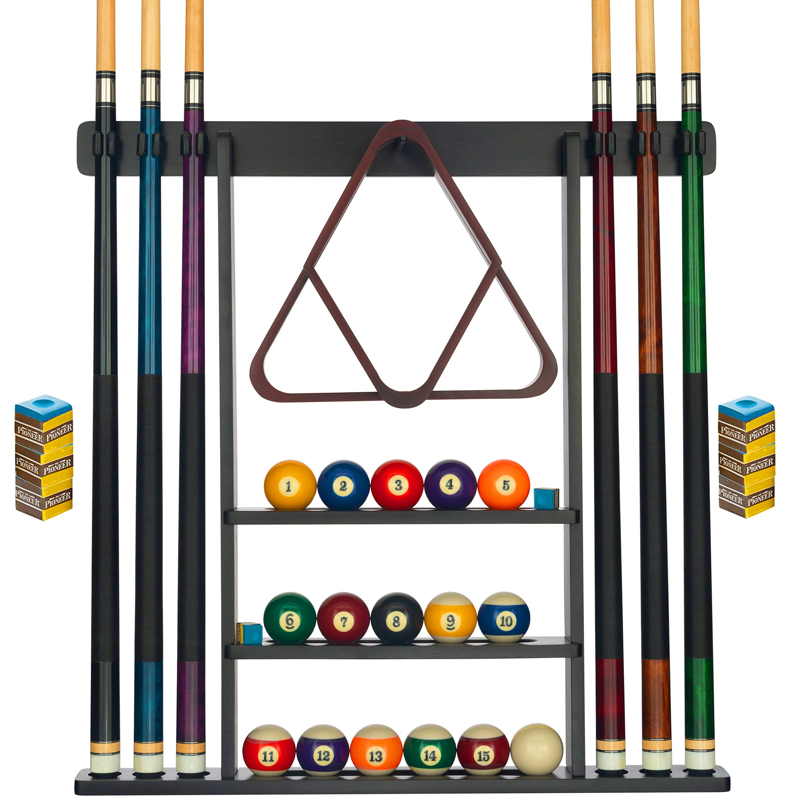 Pool Cue Rack - Pool Stick Holder Wall Mount With 16 Ball Holders & 6 Pack Of Chalk - Rubber Circle Pads & Large Clips Prevent D