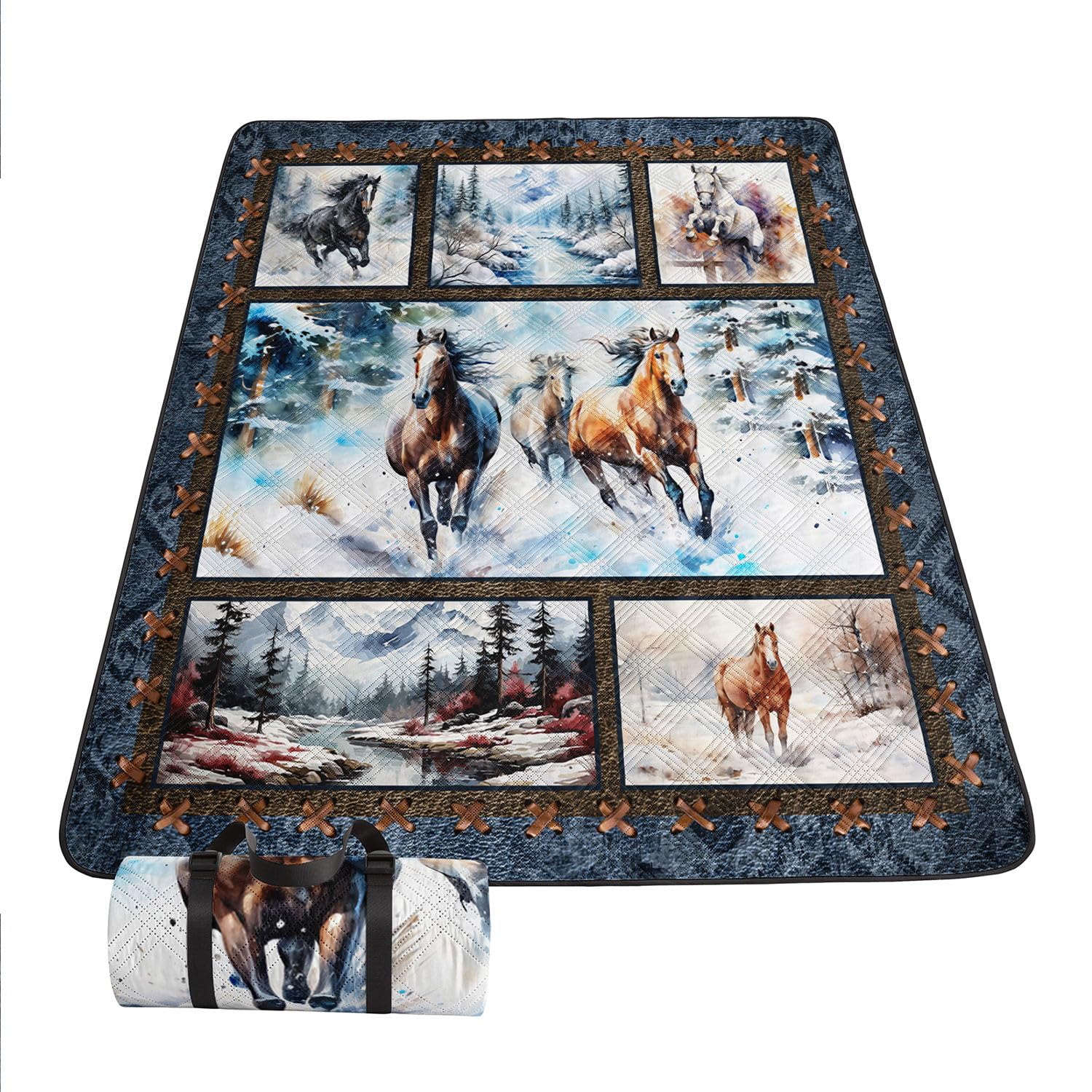 Smell Sunshine Outdoor Picnic Blanket Portable Ultrasonic Waterproof Picnic 3D Horse Printed Camping Beach Mat for Sand and Wet 