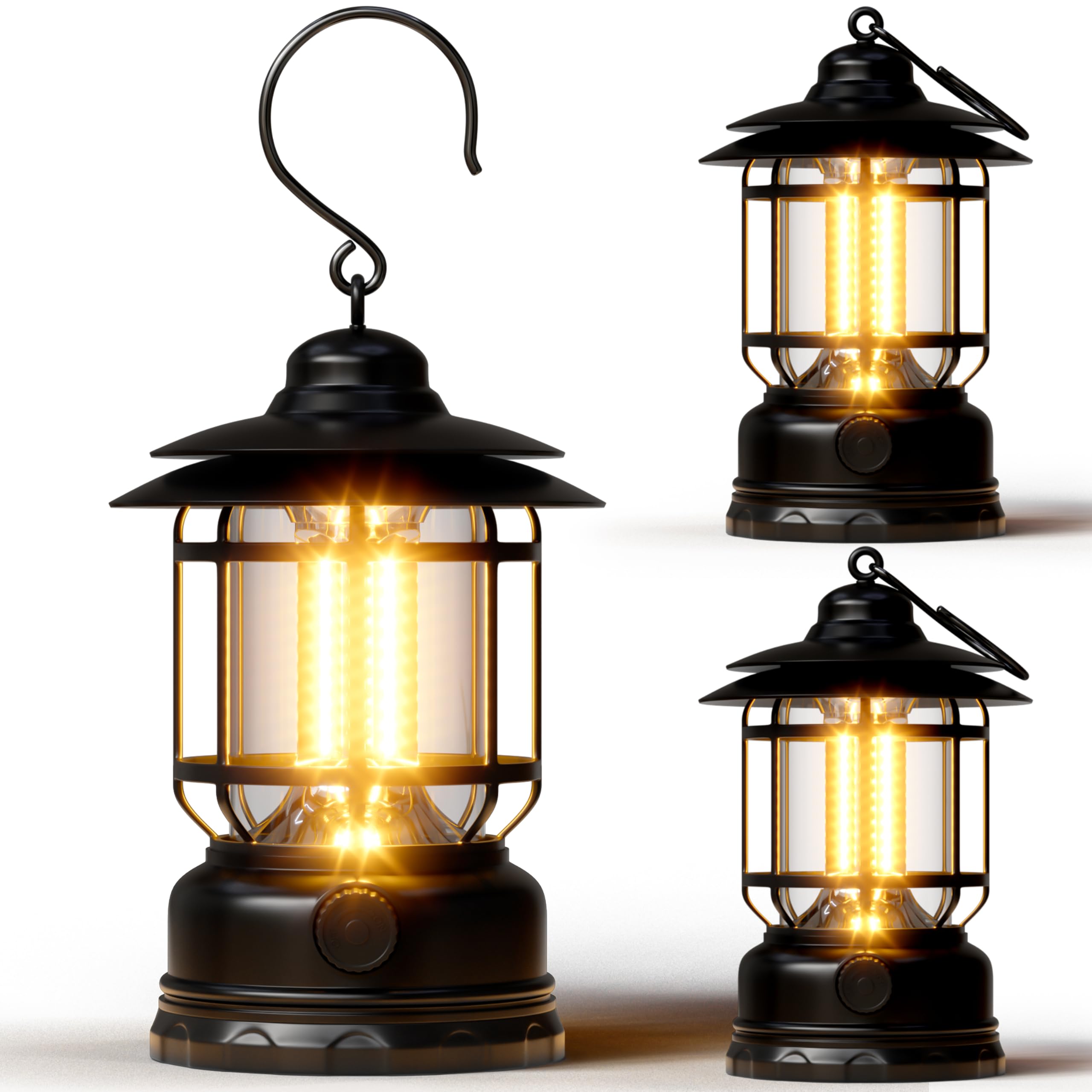 Retor LED Camping Lanterns Black 3 Pack 1500 LM Step-Less Dimming, Lightweight Battery Powered USB Rechargeable Flashlight Survi