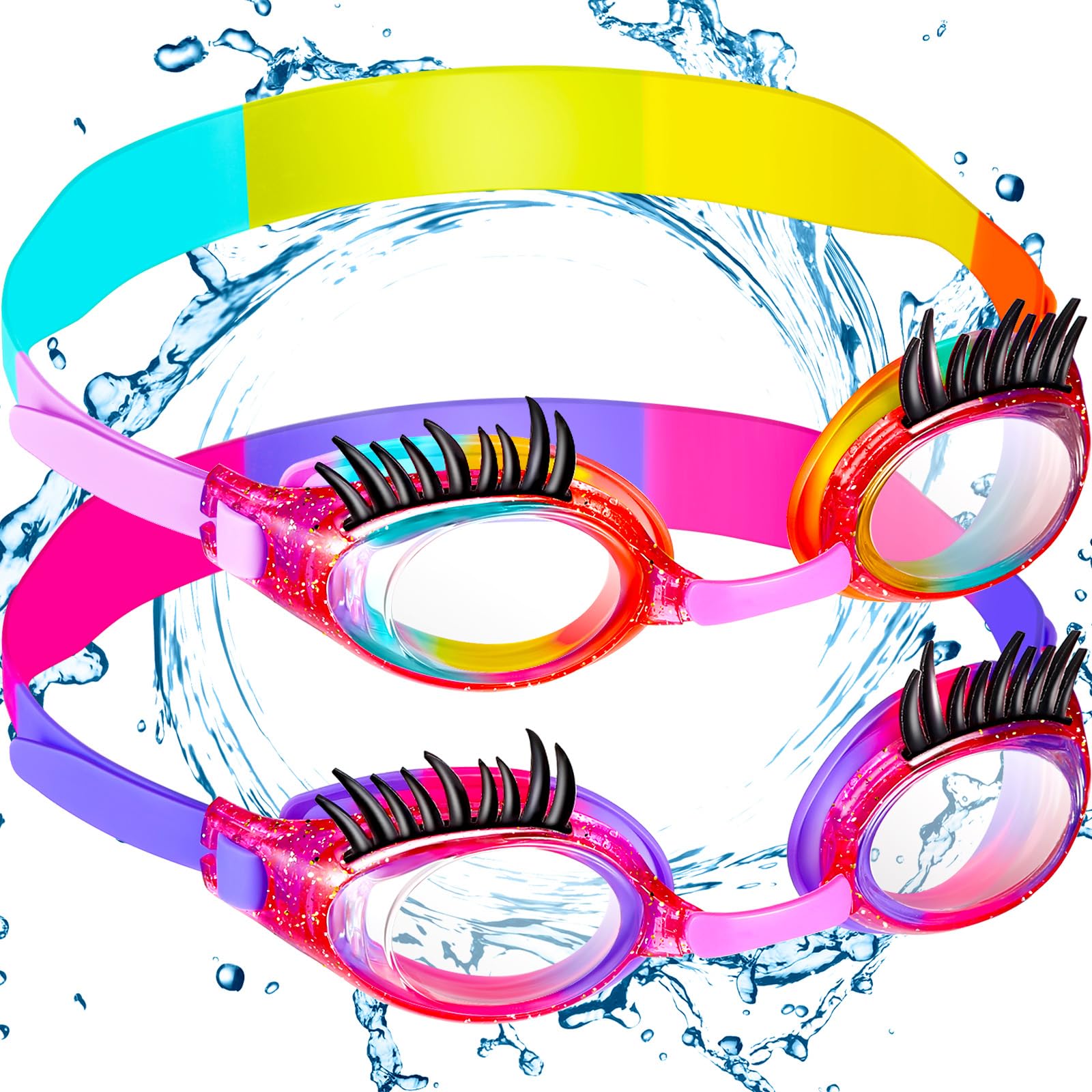 Konohan 2 Pieces Kids Swim Goggles Eyelashes Girls Funny Swim Goggle No Slip Leak Anti Fog UV Glasses for Lash Extensions(Pink P