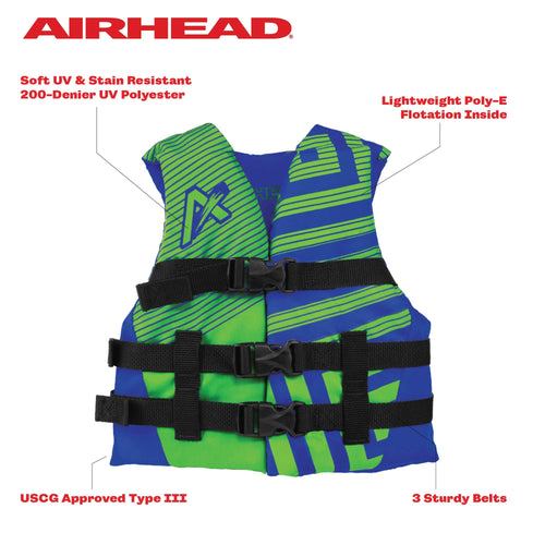 Airhead Youth Trend Life Jacket, Coast Guard Approved, Blue/Green