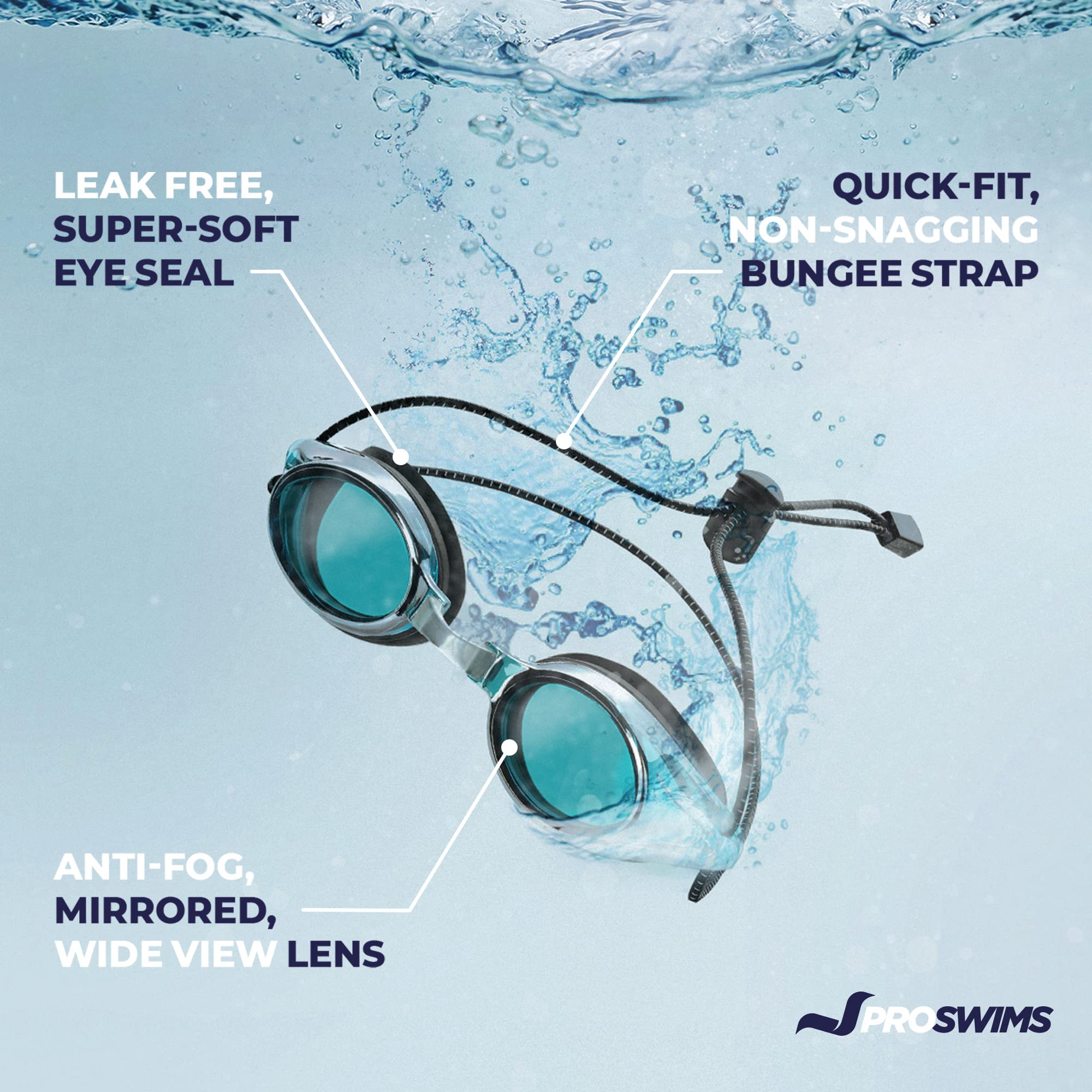 Proswims Anti-Fog Racing Swimming Goggles Blue Lens With Quick Adjustable Elastic Bungee Strap, Hard Case And Bonus Swim Goggles