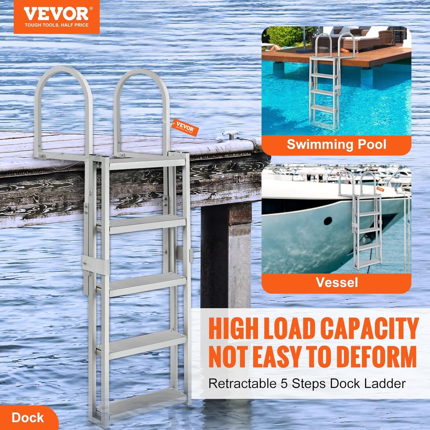 Vevor Retractable Dock Ladder 5 Steps, Aluminum Sliding Pontoon Boat Ladder With 48''-60'' Adjustable Height, 4'' Wide Nonslip P