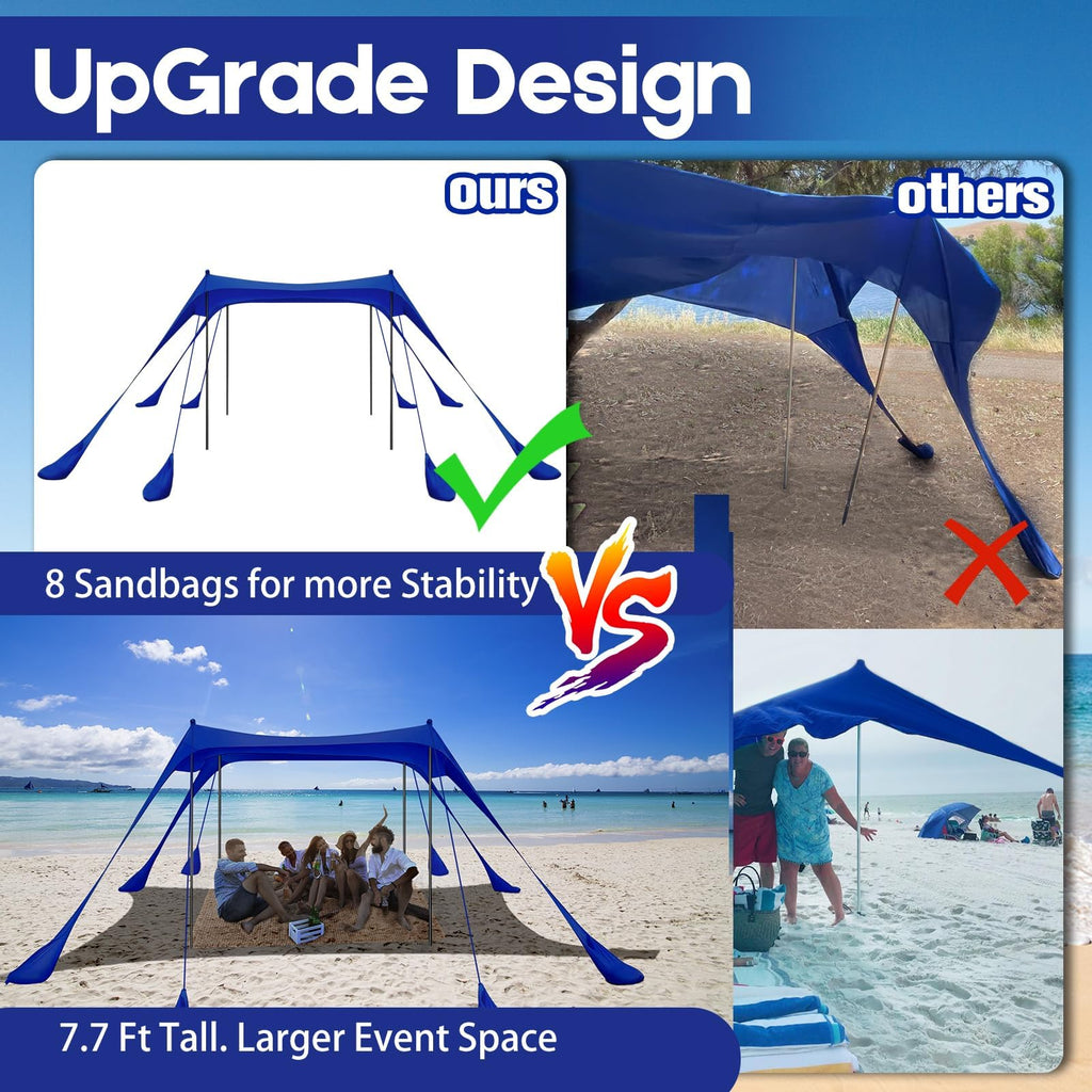 Besuhot Beach Tent Sun Shelter 10X10Ft Beach Shade Canopy With 8 Sandbags, Upf 50+ Protection Beach Shade Canopy, Outdoor Tent F