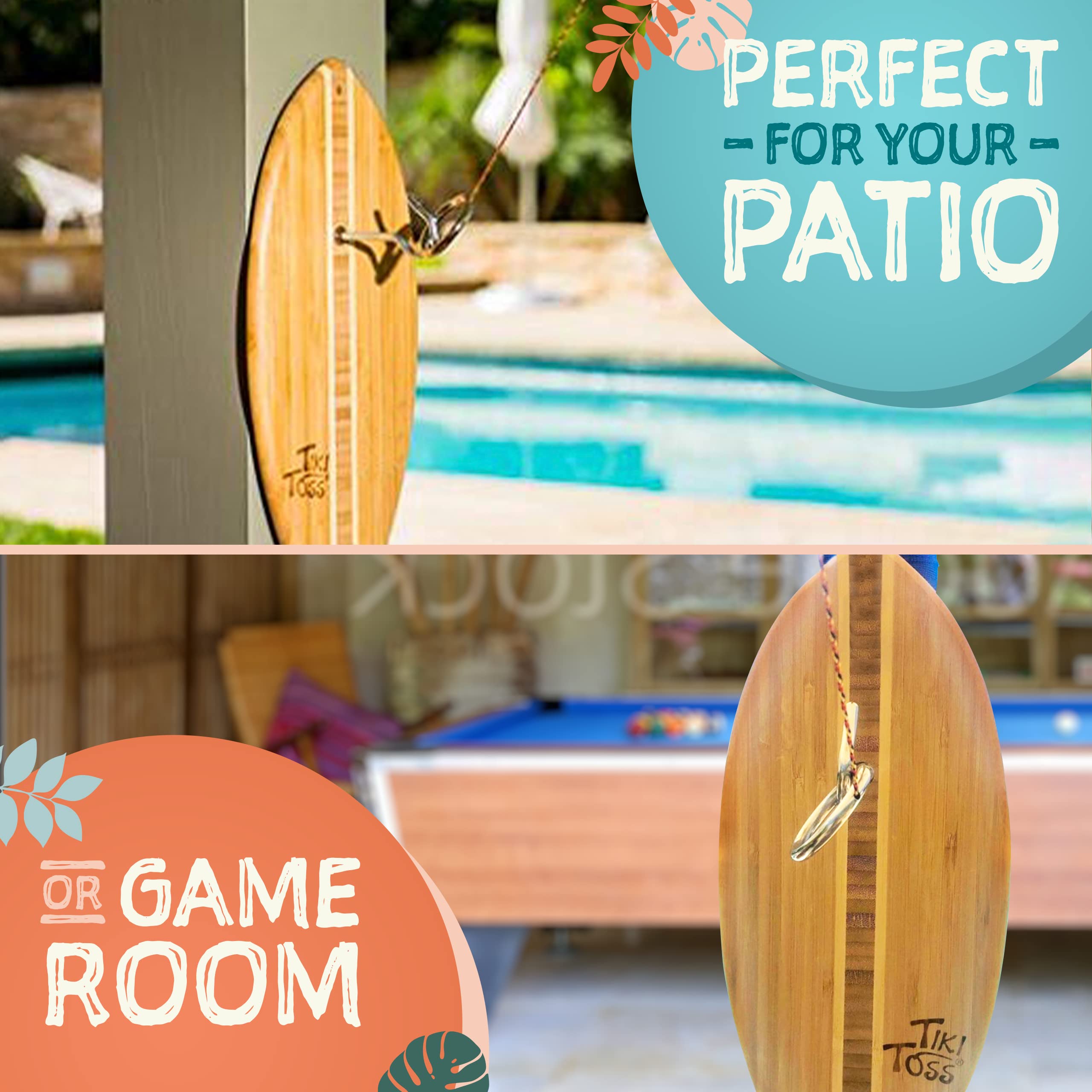 Tiki Toss Ring Toss Game For Adults - 13 Inch Surfboard Edition - Hook And Ring Game For Outdoor & Indoor Use, Gift For Husband,