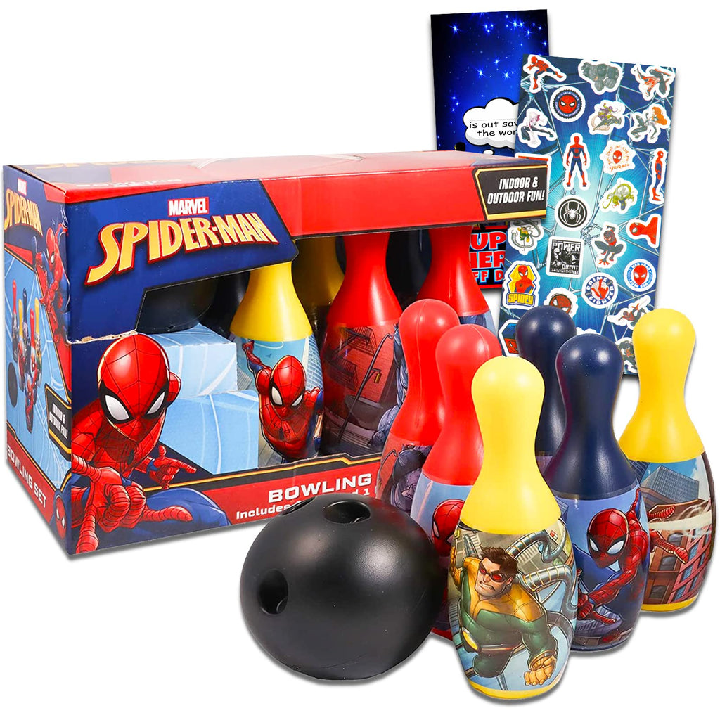 Spiderman Bowling Games Activities Bundle For Toddlers, Kids - 3 Pc Marvel Superhero Bowling Set With Stickers, And More (Spider