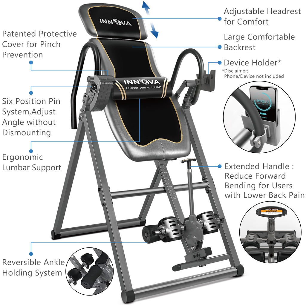 Innova Health And Fitness Itx9688 Heavy Duty Inversion Table, Extended Ankle Holding System, 300 Lb Weight Capacity, Gray/Black
