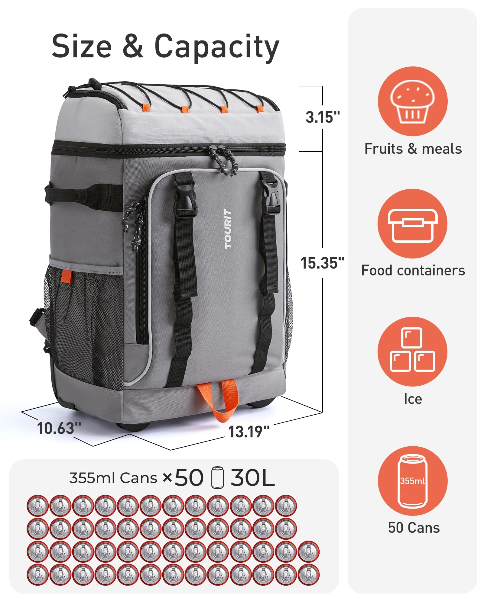 Tourit 50-Can Rolling Backpack, Double Deck & Dual-Bar Handle Travel Soft Cooler Bag With Wheels For Women, 30L Space Beach Cool