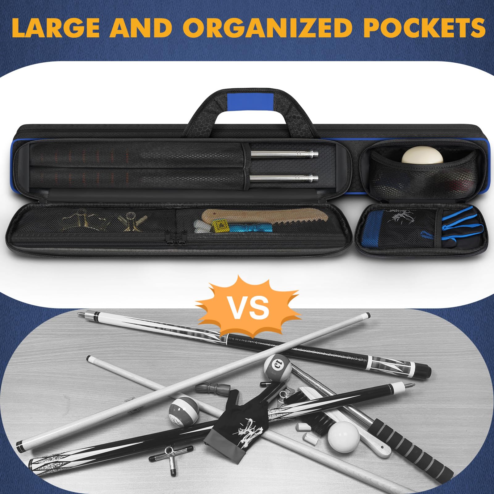 Pekrews Pool Cue Case - 2X2 Holds 2 Sticks With 2 Accessory Zipper Pockets, Sturdy Polyester Carry Bag With Shoulder Strap Handl