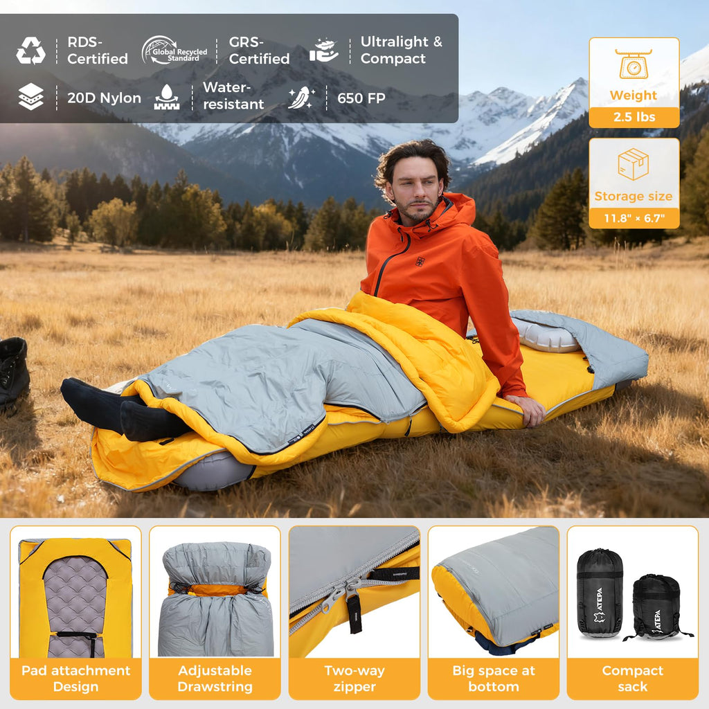 Atepa Bulwark 300 50? Down Sleeping Bag For Adults, 650Fp Recycled Wearable Ultralight 3 Season Compact Sleeping Bags With Compr