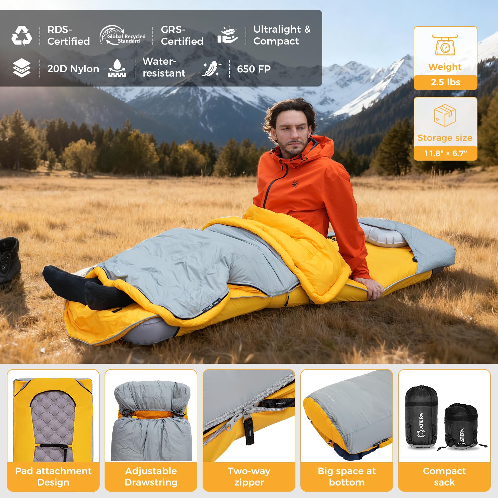 Atepa Bulwark 300 50? Down Sleeping Bag For Adults, 650Fp Recycled Wearable Ultralight 3 Season Compact Sleeping Bags With Compr