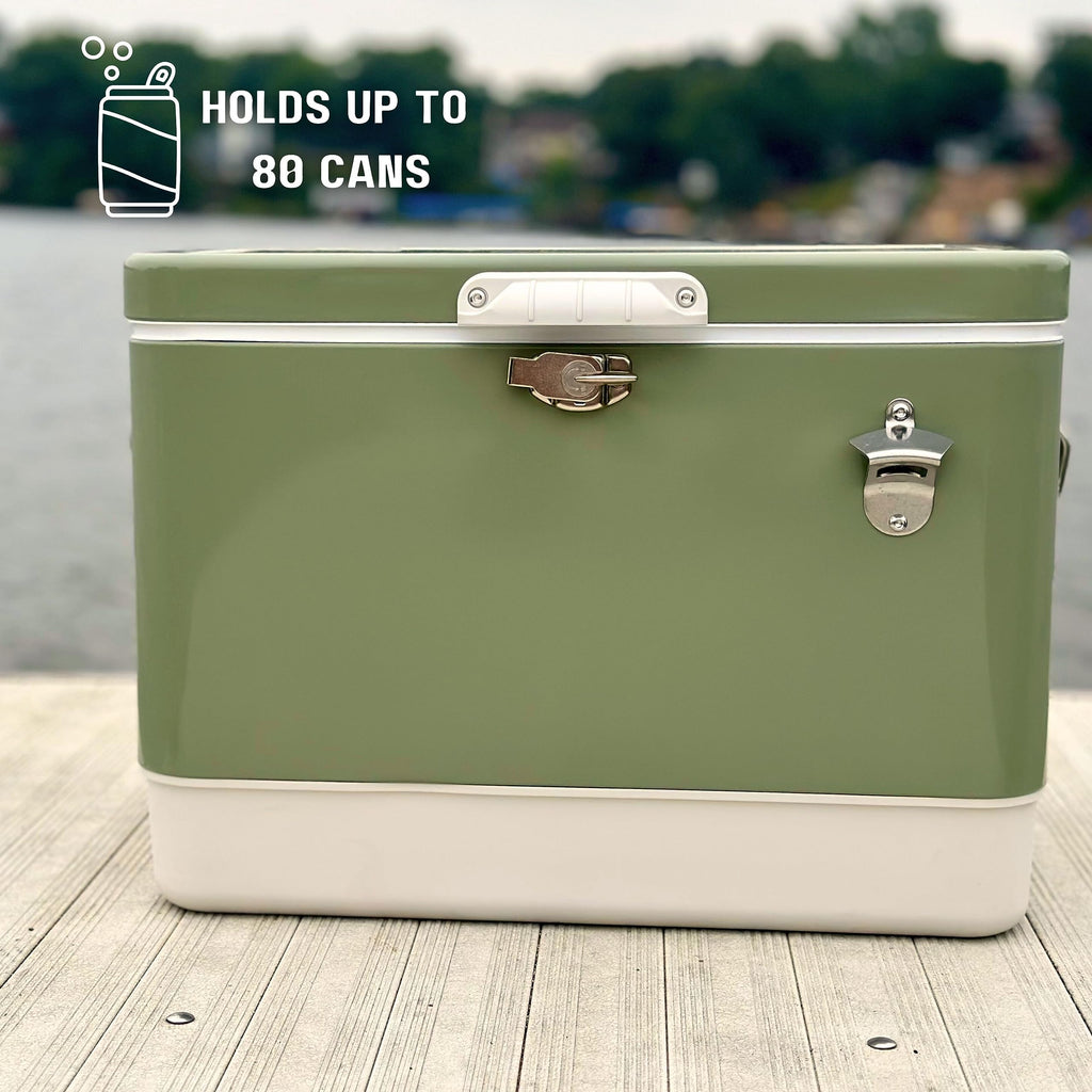FSE Retro Metal Cooler, 80 Can/54 Qt. Capacity, Hard-Sided, Two Tone, Holds Up to 80 Beverage Cans, Metal Construction with Plas
