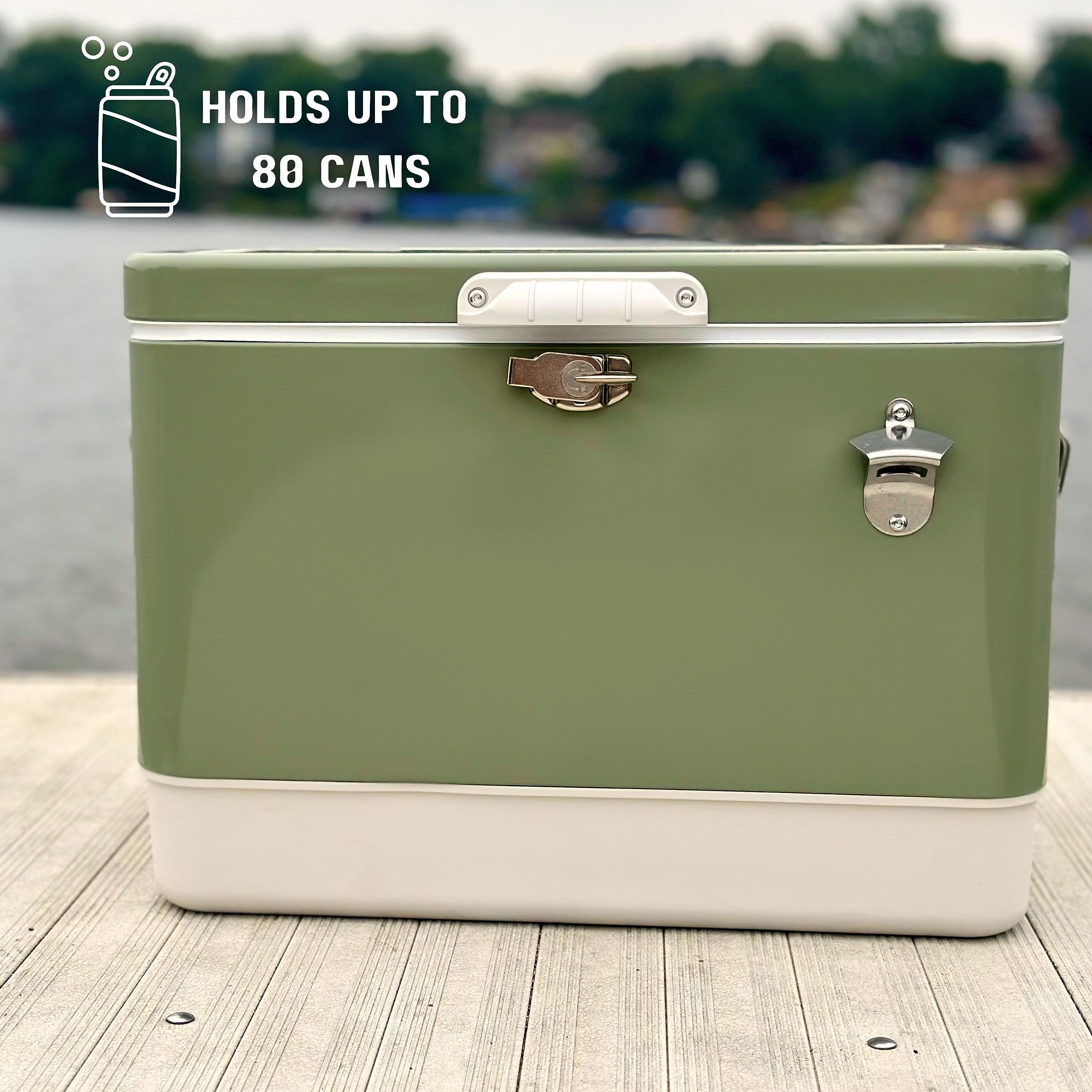 FSE Retro Metal Cooler, 80 Can/54 Qt. Capacity, Hard-Sided, Two Tone, Holds Up to 80 Beverage Cans, Metal Construction with Plas