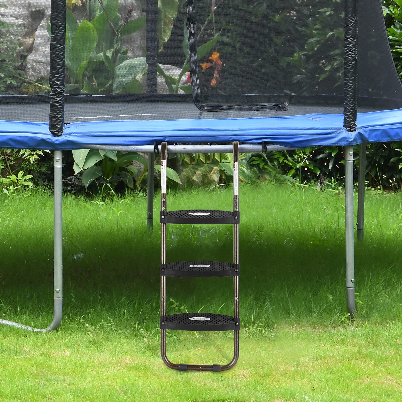Hbtower Trampoline Ladder, 3-Step Trampoline Steps With Horizontal Wide Steps, Skid-Proof Steps Universal Hook, Uv Treated Steel