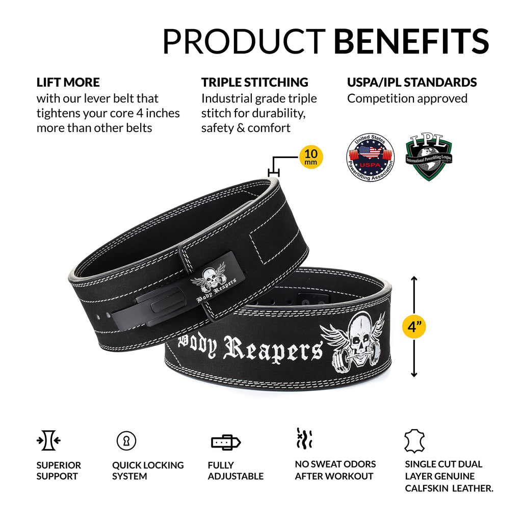Body Reapers Weightlifting Belt 10Mm Thick, 4-Inch Wide Calfskin Leather Weight Belt With Adjustable Metal Buckle Offers Back Su