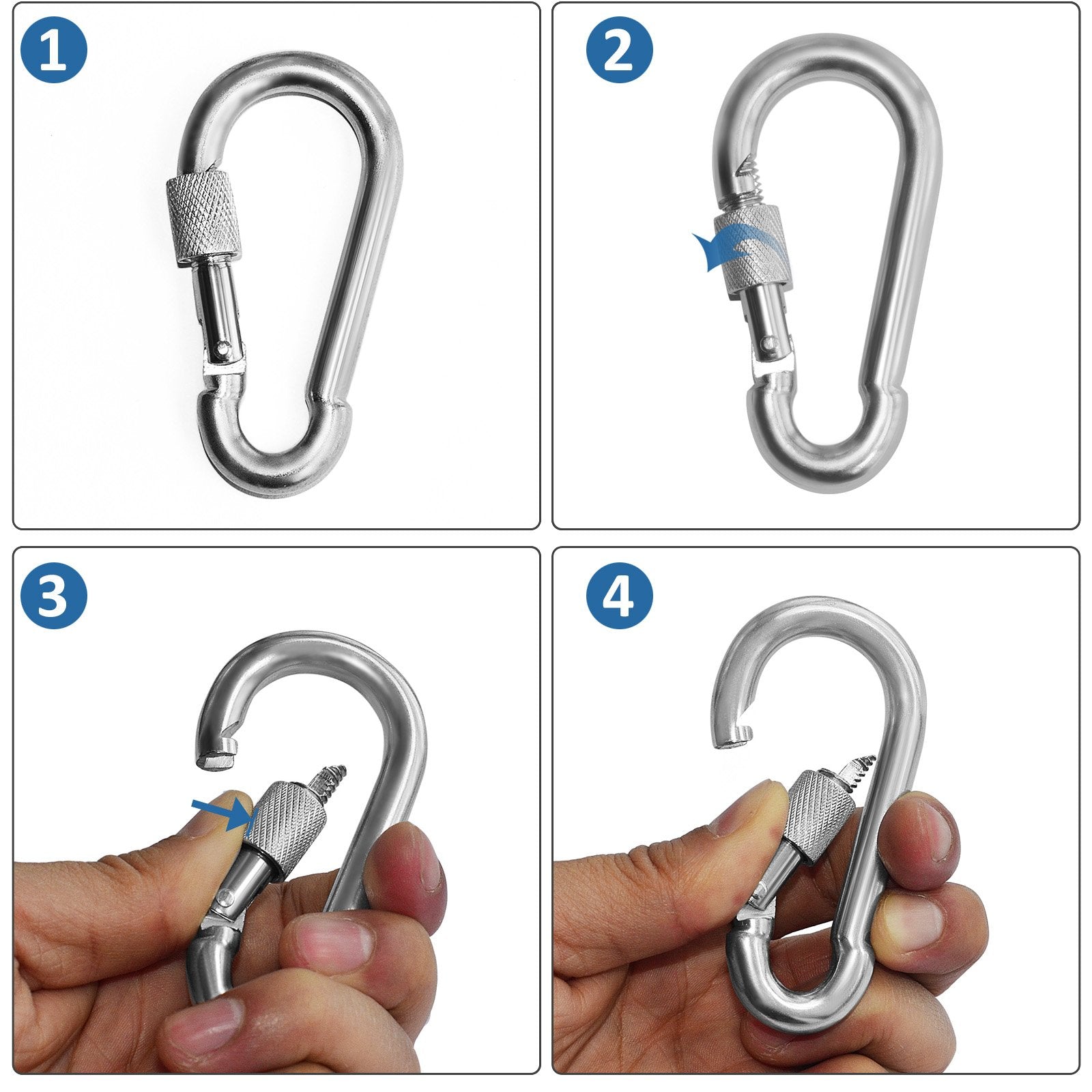 Bewishome 4 Pack Carabiner Hooks Hammock Locking Solid Metal D Clips With Heavy Duty 500Lbs Screw Gate For Camping Hiking Travel