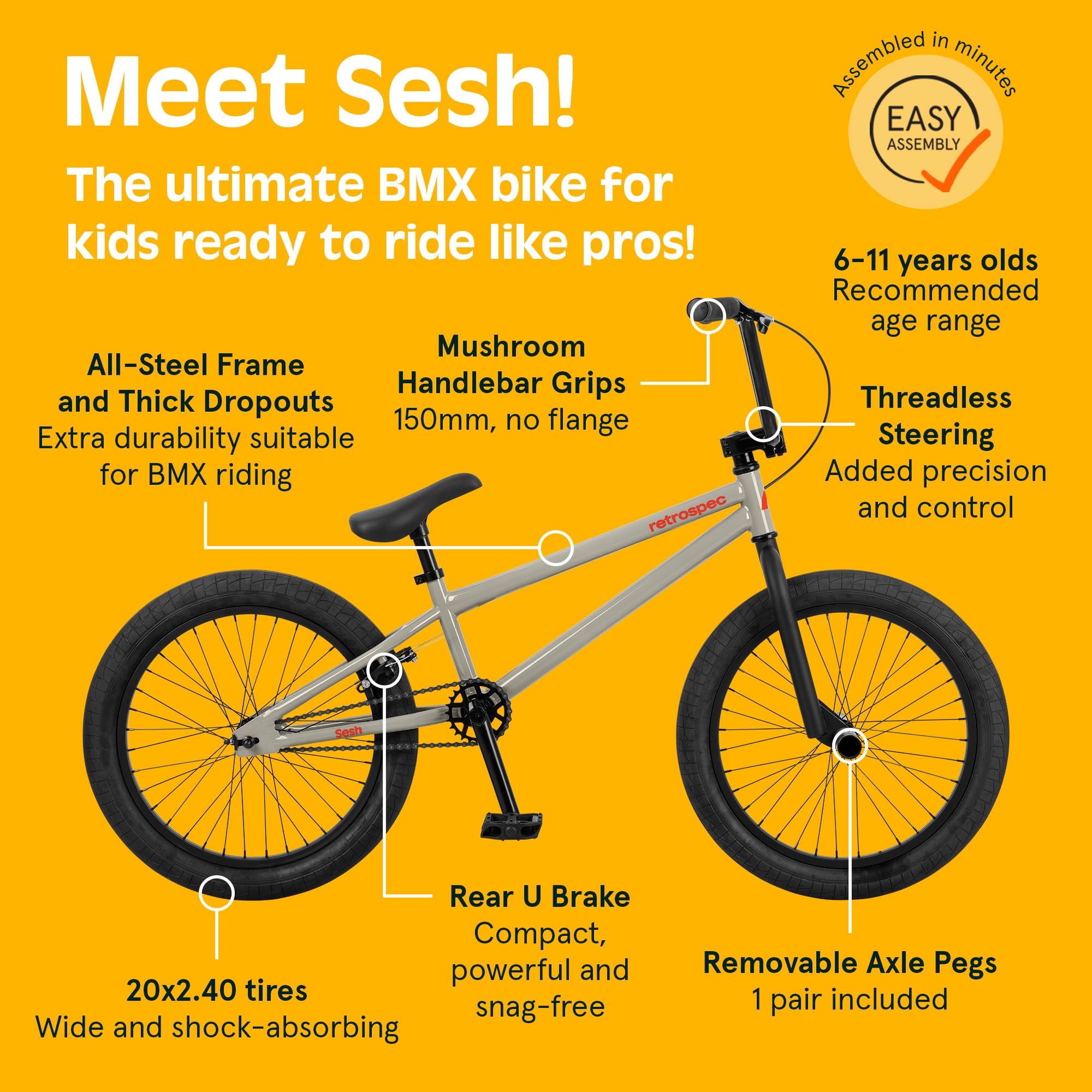 Retrospec Sesh BMX Bike for Kids - 20in Freestyle Bicycle with Pro-Level Features, Removable Axle Pegs & U-Brake - Durable Steel
