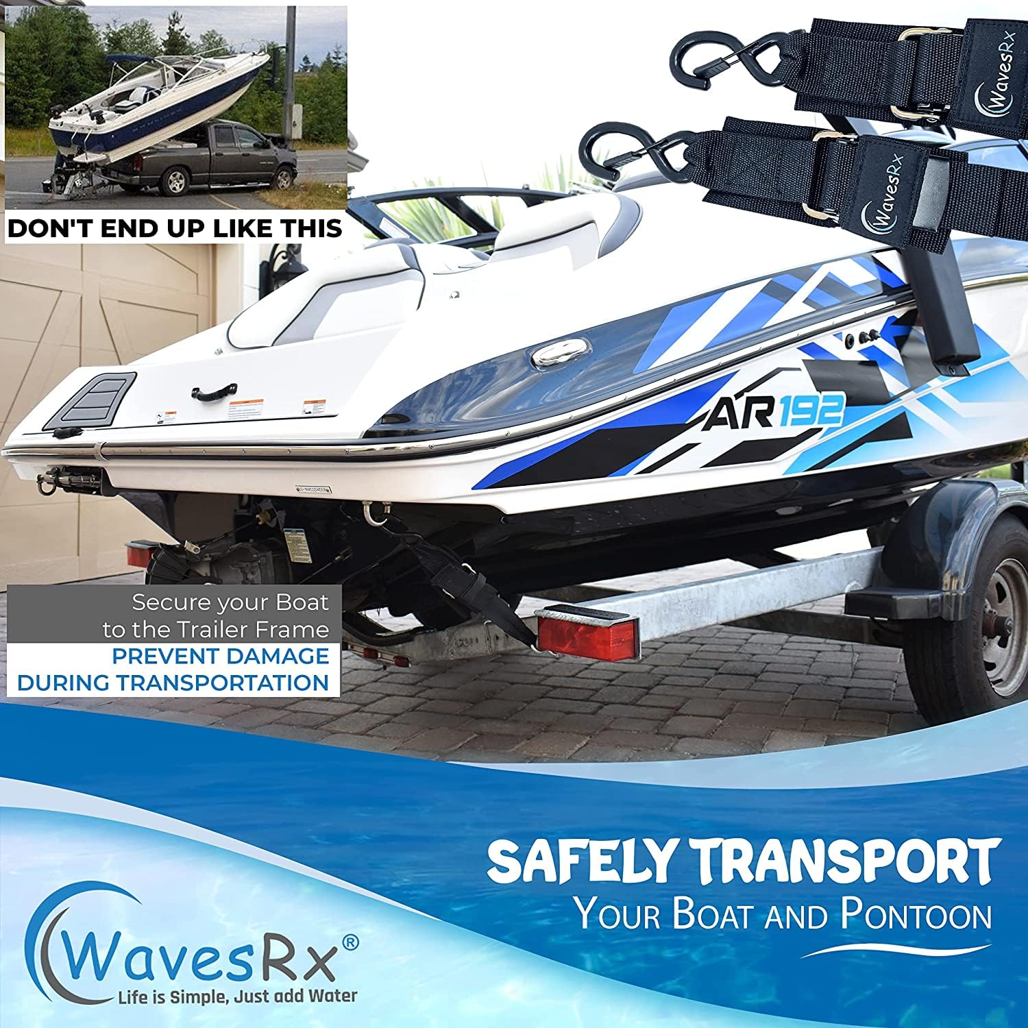 Wavesrx Boat & Pontoon Trailer Transom Straps (2Pk)  48'' Marine Tie Downs Adjustable Safety Straps  Outperforms Ratcheting & Re