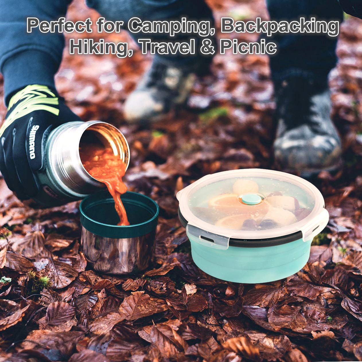 Colorcoral Camping Bowl With Lid Collapsible Silicone Bowl And Foldable Stainless Steel Fork For Travel And Camping Microvave An