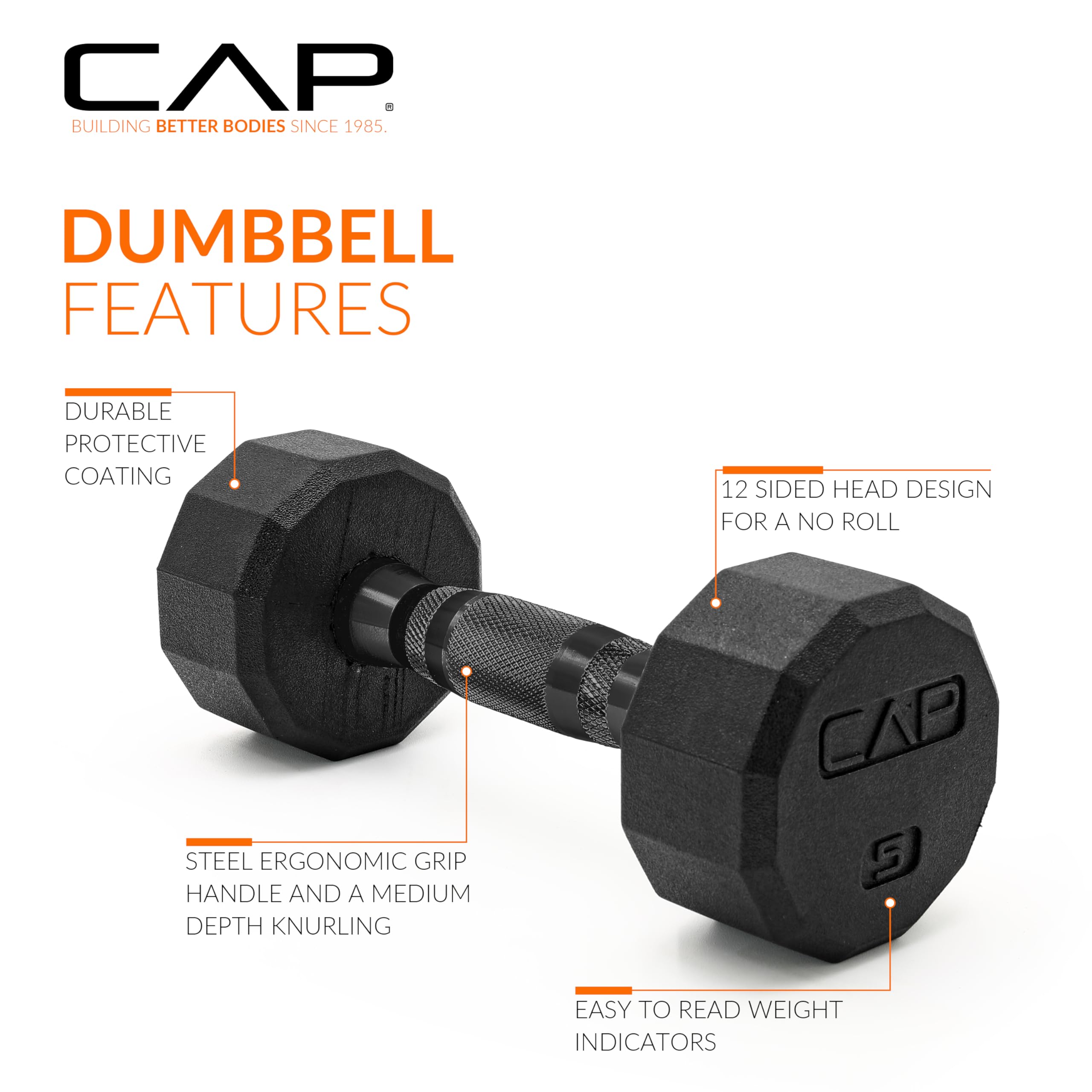 Cap Barbell 12-Sided Coated Dumbbell With Black Handle, Pair, 5 Lb