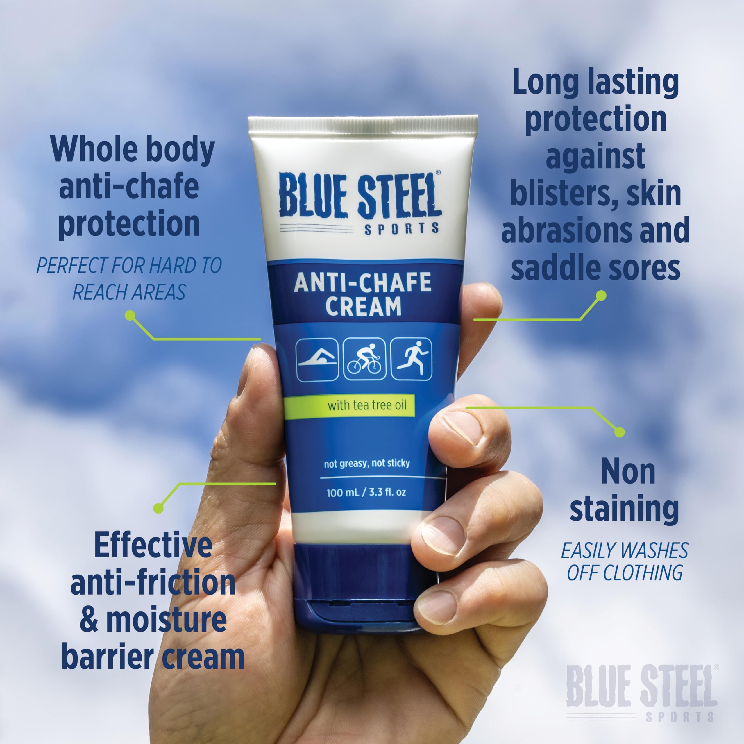 Blue Steel Sports Anti-Chafe Cream With Natural Tea Tree Oil | Water And Sweat Resistant | Non Sticky And Non Greasy
