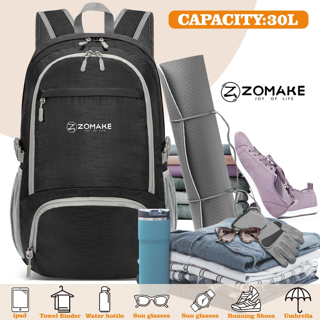 ZOMAKE Lightweight Packable Backpack 30L, Foldable Hiking Backpacks Water Resistant Compact Folding Daypack for Travel(Pure Blac