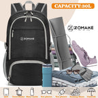 ZOMAKE Lightweight Packable Backpack 30L, Foldable Hiking Backpacks Water Resistant Compact Folding Daypack for Travel(Pure Blac