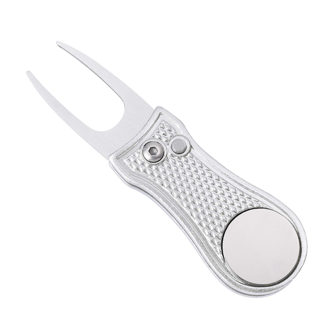 Mile High Life All Metal Foldable Golf Divot Tool With Pop-Up Button & Magnetic Ball Marker (Silver Bone)