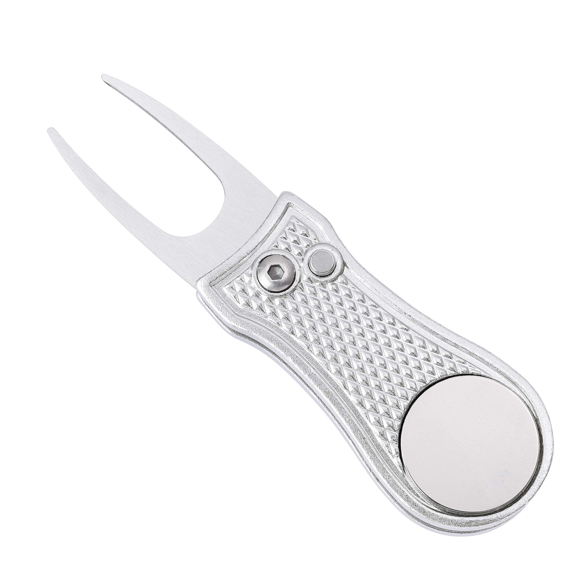 Mile High Life All Metal Foldable Golf Divot Tool With Pop-Up Button & Magnetic Ball Marker (Silver Bone)