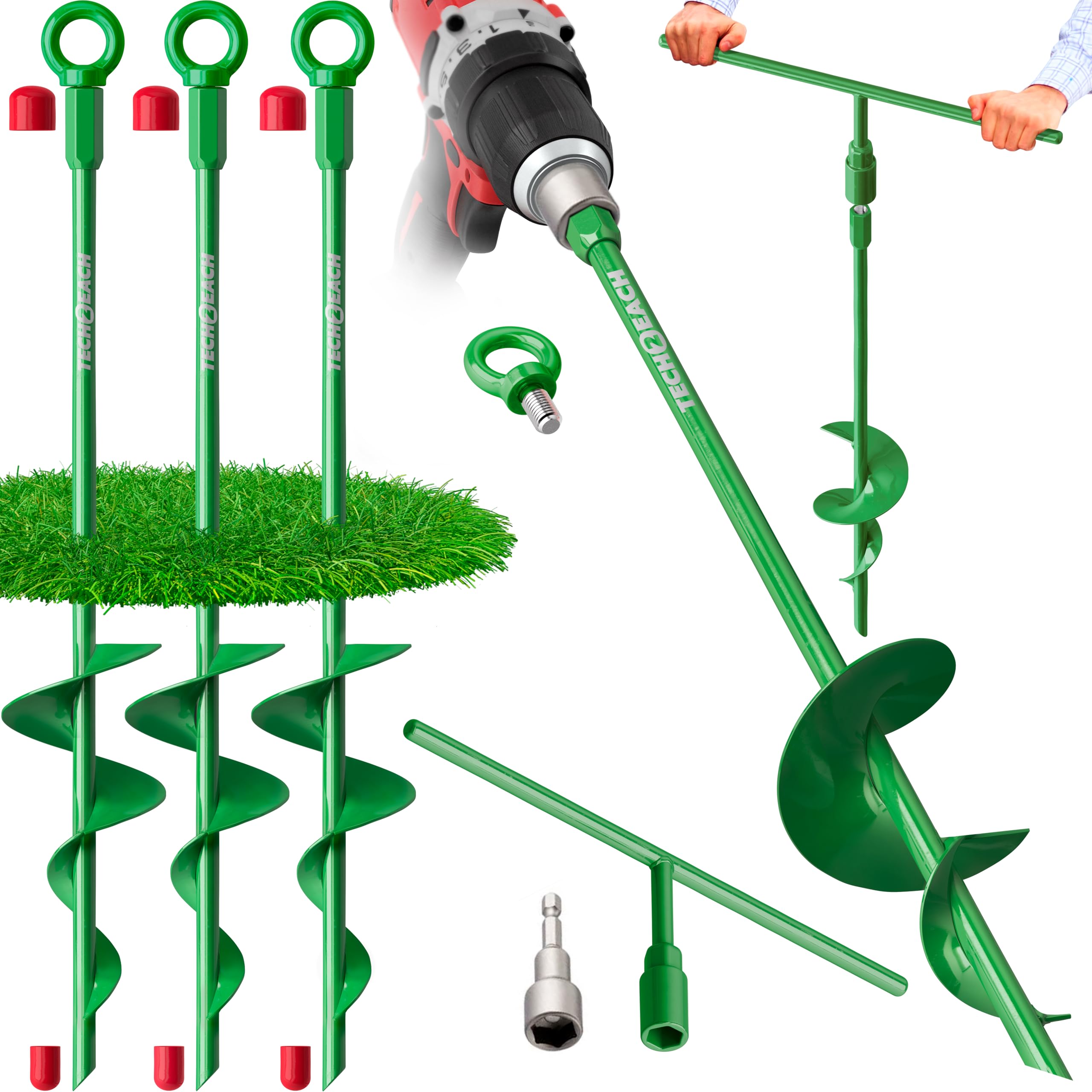Ground Anchor Heavy Duty 18 inch - Earth Anchor Screw in Kit Green 4 Pack - Tie Down Swing Set Anchors - Auger Spiral Stakes Hig