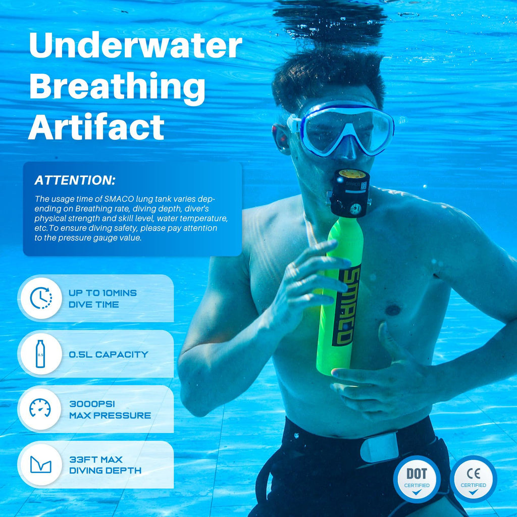 Smaco S300 Plus Mini Scuba Tank 05L Portable Mini Diving Tank Reusable Pony Bottle -Dot Certified Tank With 5-10 Minutes Backup
