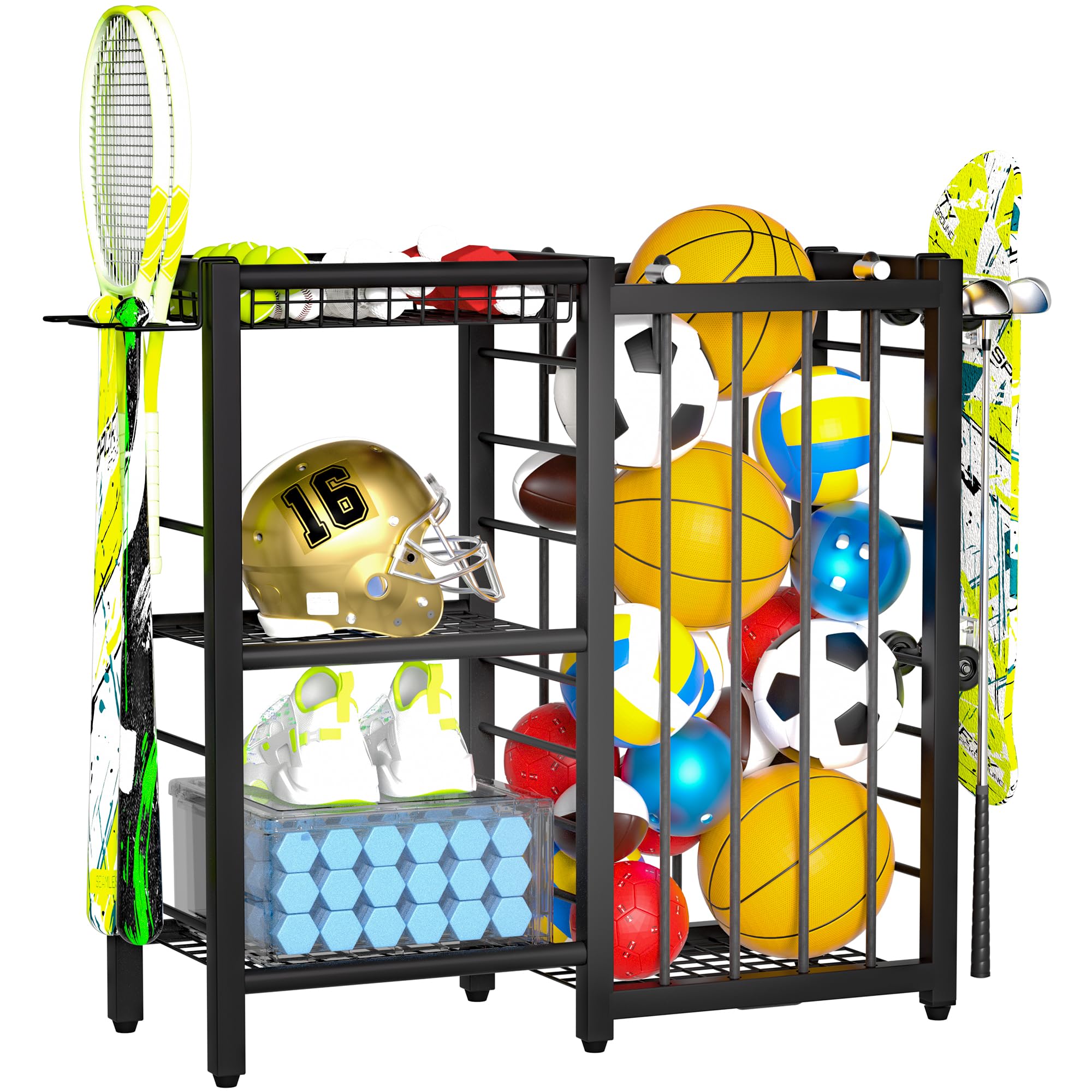 Famidge Sports Equipment Organizer, Ball Storage Rack With Elastic Straps, Garage Sports Organizer Storage Cart With Hooks, Bask
