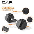CAP Barbell 75 LB Rubber Coated Hex Dumbbell Hand Weight with Padded Grip - Pair | Comfort Grip
