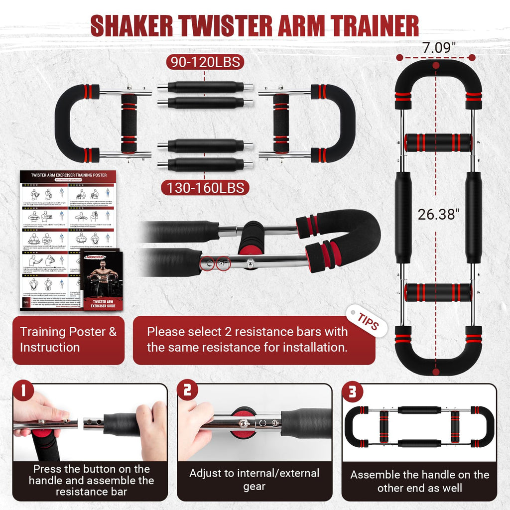 Twister Arm Trainer, 90-160 lbs Adjustable Twister Arm Chest Exerciser with 2/4 Spring & Poster for Men & Women, Detachable Powe
