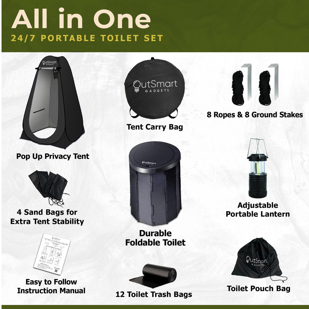 Outsmart Gadgets Outdoor Camping Toilet With Pop-Up Privacy Tent And Night Lantern, Portable Toilet Set For Comfortable Camping
