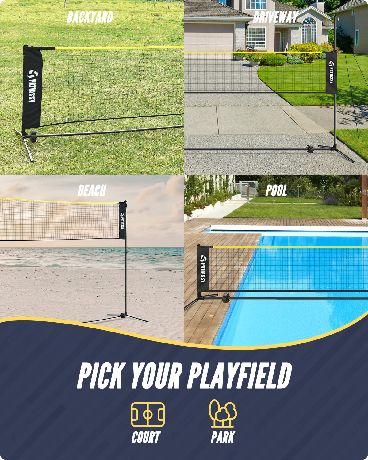 Patiassy 5.1Ft-7.4Ft Adjustable Height Volleyball Badminton Net Set 17Ft Portable Sports Net With Poles, 4 Badminton Rackets, 3